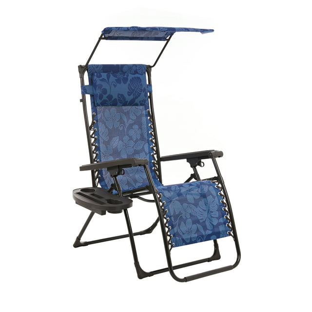 Bliss Hammocks Blue Flower 26" Wide Zero Gravity Chair w/ Adjustable Canopy, Drink Tray & Pillow, 300 Lb. Capacity