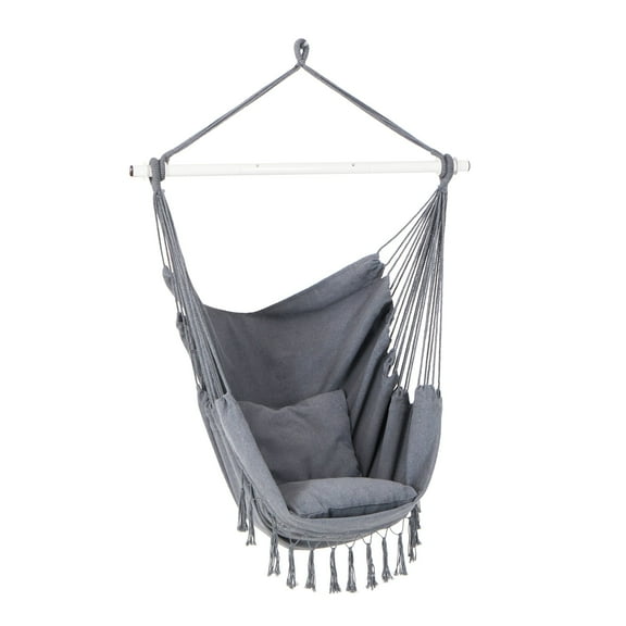Bliss Hammocks Fringed Hammock Chair w/ 2 Matching Square Pillows & Built-In Side Pocket -Gray