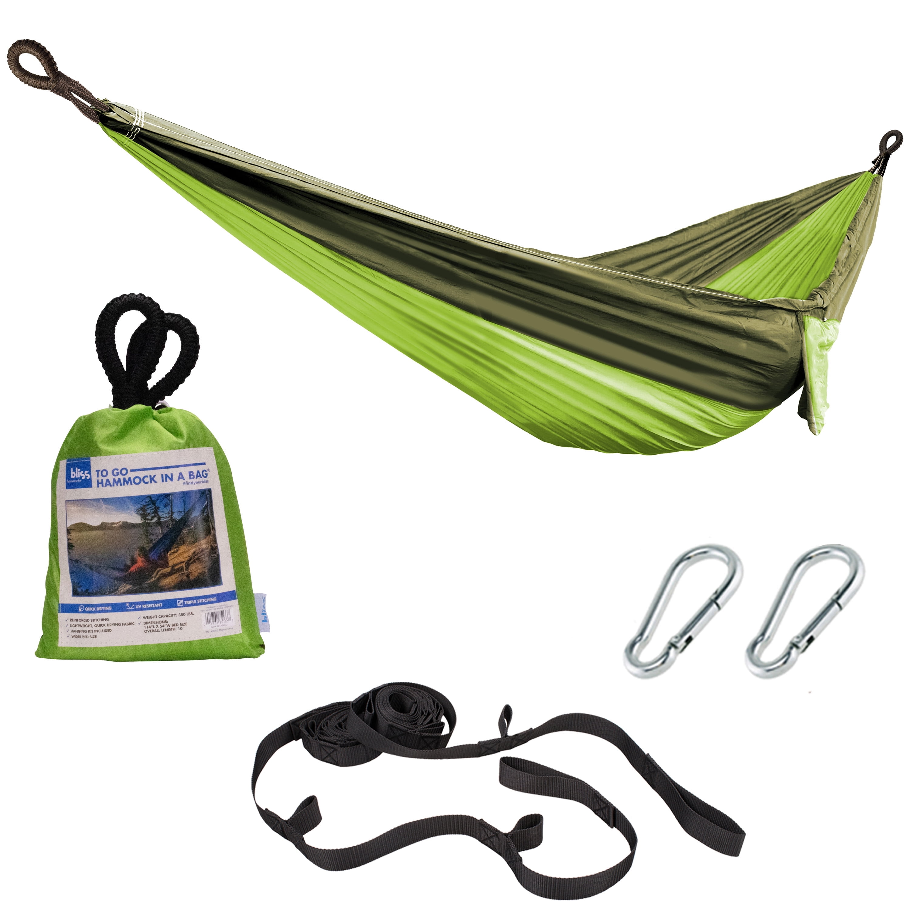 Bliss Hammocks Portable Travel Camping Hammock in a Bag W/ Adjustable Tree Straps, 54-inch Wide, 350 lb. Capacity (Forest Green)