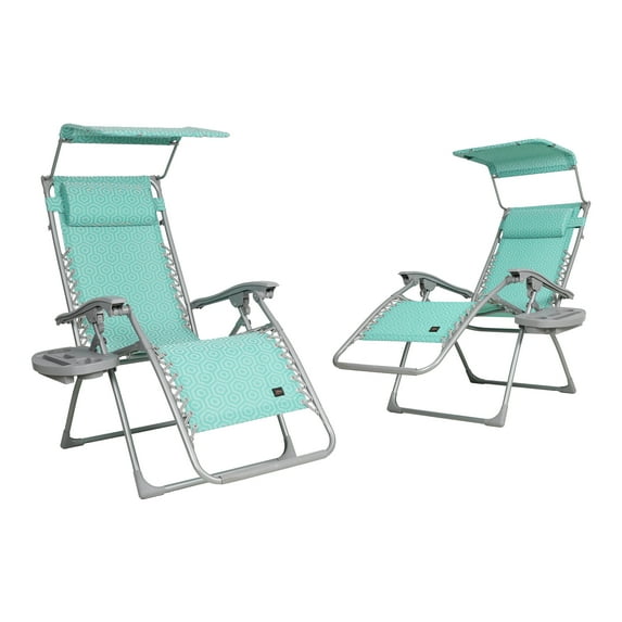 Bliss Hammocks Set of 2 Gravity Free Chairs W/ Canopy, Drink Tray, and Pillow, 26-in. Wide, Weather & Rust Resistant, 300 lb. Capacity (Teal Geome)