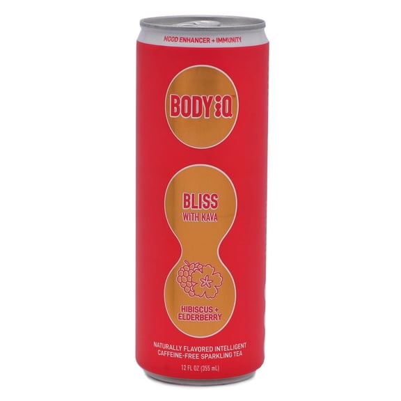 Pack of 12, Body Iq Bliss with Kava Hibiscus & Elderberry Sparkling Tea, 12 fl oz