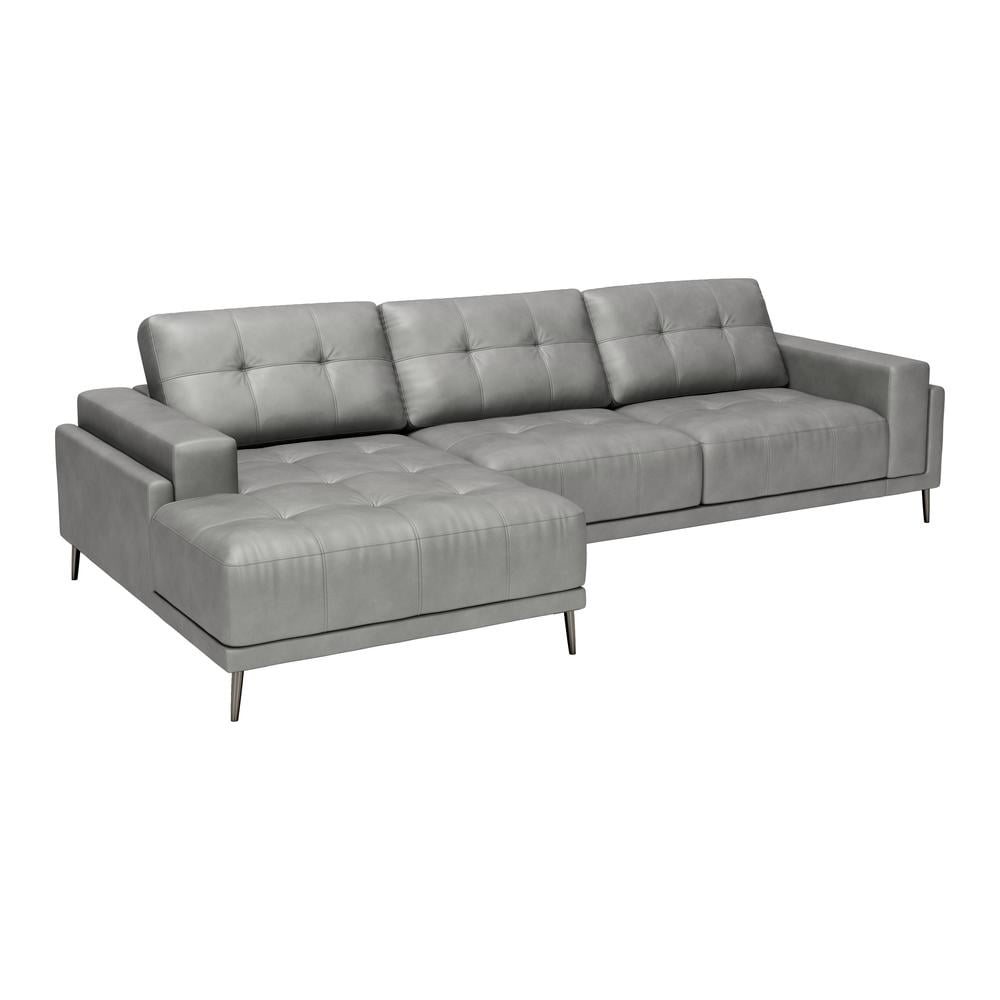 Gray Tufted Genuine Leather Sectional Sofa with Wood Frame