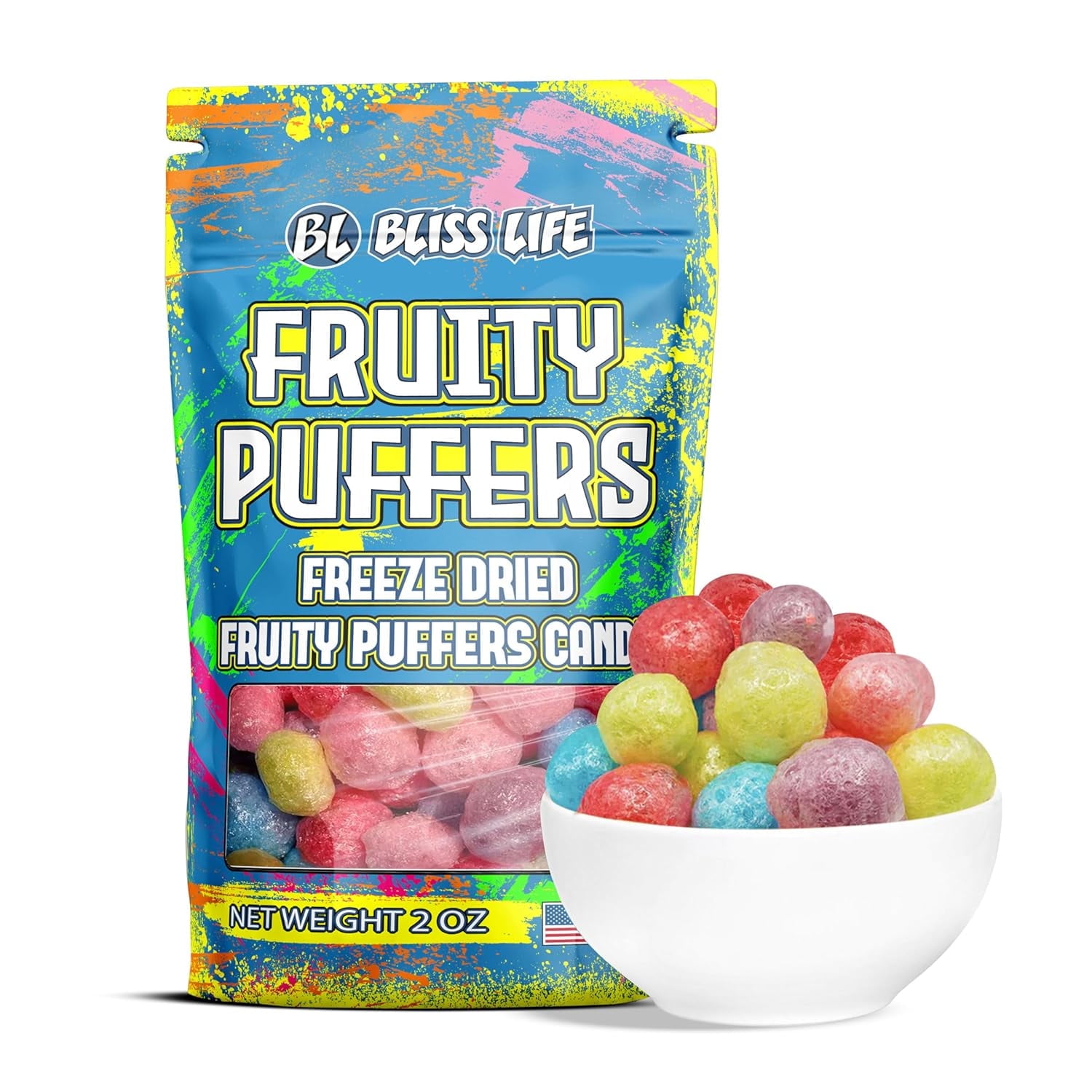 Bliss Life Fruity Puffers Freeze Dried Candy, Crunchy Sweet, For Parties, Goodie Bags, Snack, 2 oz