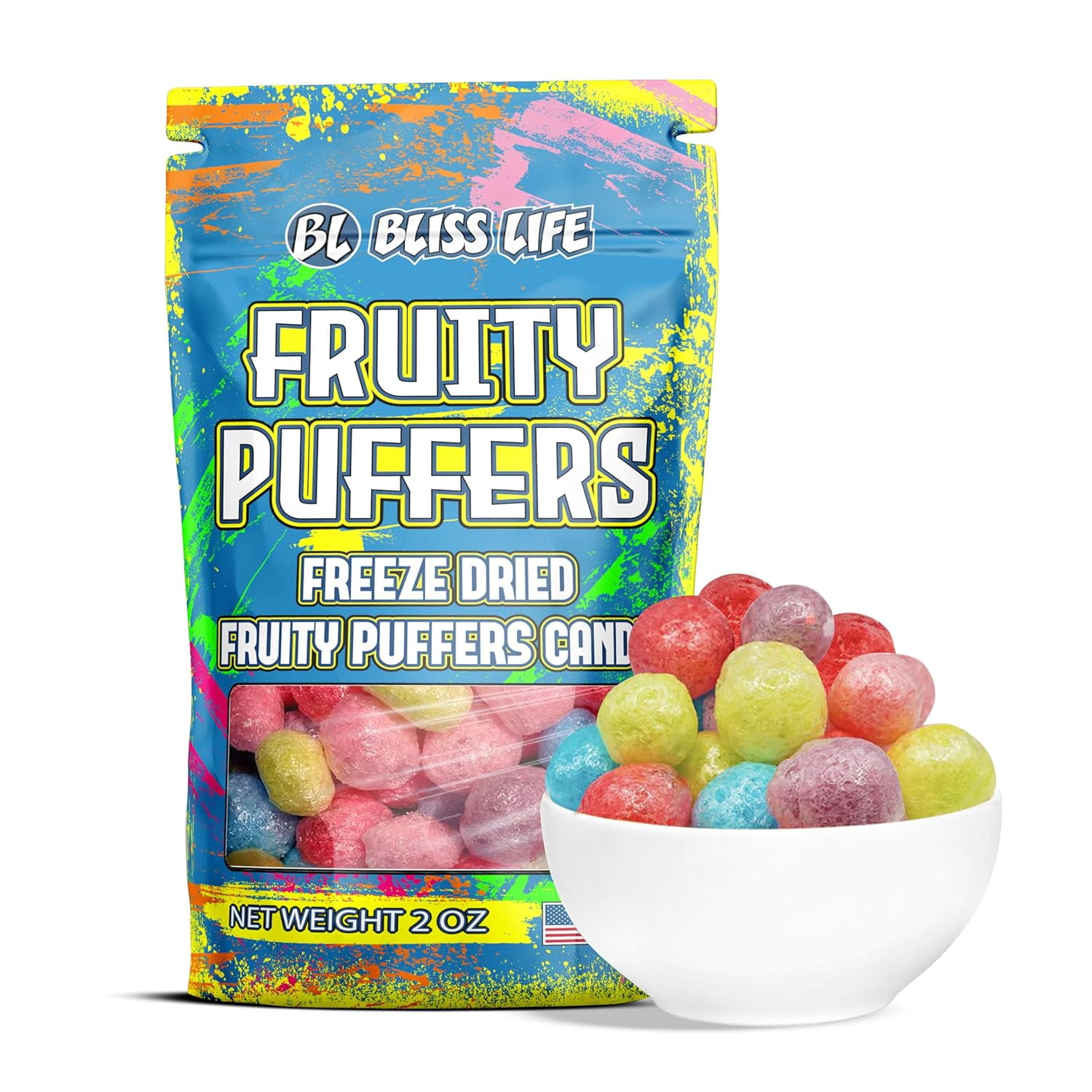 Bliss Life Fruity Puffers Freeze Dried Candy, Crunchy Sweet, For Parties, Goodie Bags, Snack, 2 oz