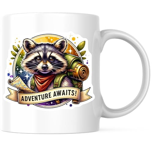 Bliss Monkey Co. Adventure Awaits Coffee Mug - Cute Raccoon Camping Adventure Design - 11 Ounce Ceramic Camping Mug - Premium Ceramic - Design Printed On Both Sides - BMCM04533