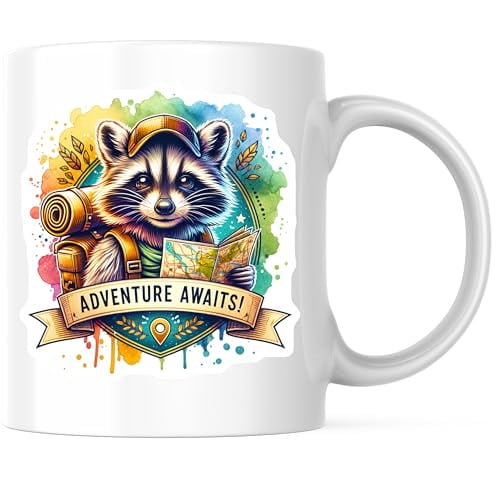 Bliss Monkey Co. Adventure Awaits Coffee Mug - Raccoon Design Mug - Cute Animal Mug 11 Ounce Coffee Mug - Premium Ceramic - Design Printed On Both Sides - BMCM04534