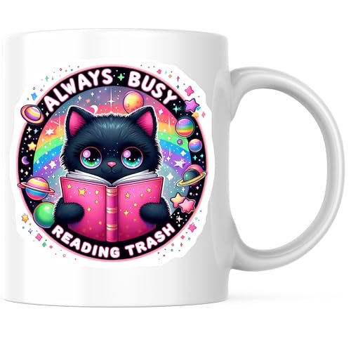 Bliss Monkey Co. Always Busy Reading Trash Coffee Mug - Cute Black Cat Space Rainbow Mug - 11 Ounce Coffee Cup - Premium Ceramic - Design Printed On Both Sides - BMCM04599