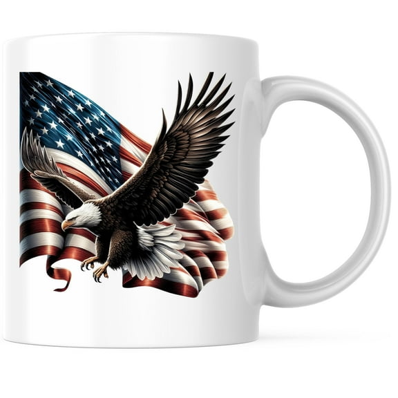 Bliss Monkey Co. American Flag USA Eagle Coffee Mug - Patriotic US Flag Pride - 11 Ounce Coffee Mug - White Interior & Handle - Design Printed On Both Sides - Glossy Ceramic - BMCM01215