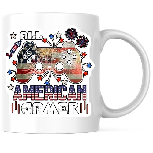 Bliss Monkey Co. All American Gamer Coffee Mug - Patriotic Gaming Mug - USA Flag Controller Mug 11 Ounce Ceramic Cup - Design Printed On Both Sides - High Quality Ceramic - BMCM3096