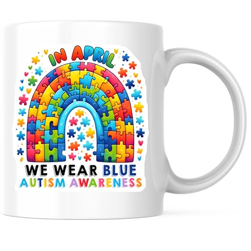 Bliss Monkey Co. Autism Awareness Coffee Mug - In April We Wear Blue - Puzzle Rainbow Mug 11 Ounce Mug - Design Printed On Both Sides - High Quality Ceramic - BMCM3207
