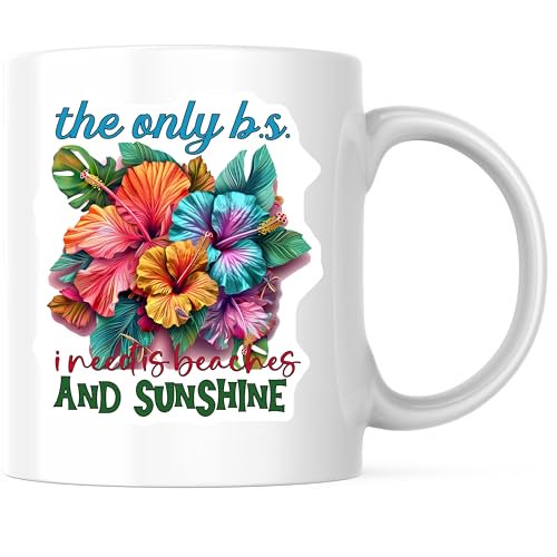Bliss Monkey Co. The Only B.S. I Need Is Beaches and Sunshine Coffee Mug - Funny Floral Tropical Design Mug - 11 Ounce Ceramic Cup - Premium Ceramic - Design Printed On Both Sides - BMCM04324