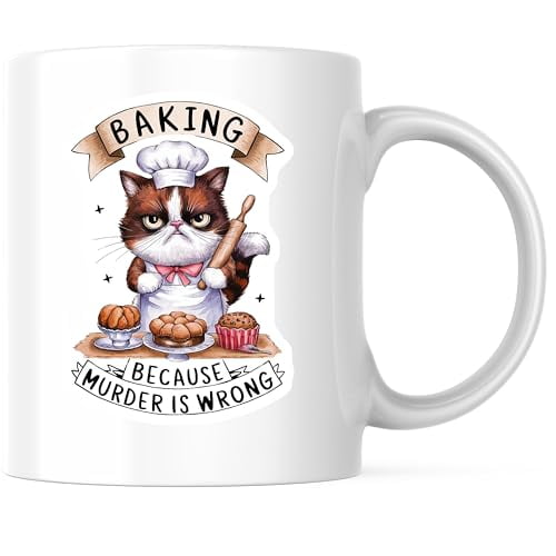 Bliss Monkey Co. Baking Cat Coffee Mug - Funny Baker Kitty Mug - Murder is Wrong Mug - 11 Ounce Mug - Design Printed On Both Sides - High Quality Ceramic - BMCM3452