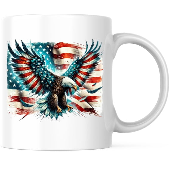 Bliss Monkey Co. Bald Eagle American Flag USA Coffee Mug - Patriotic US Flag Mug - 11 Ounce Coffee Mug - Design Printed On Both Sides - Glossy Ceramic - Microwave & Dishwasher Safe - BMCM01371