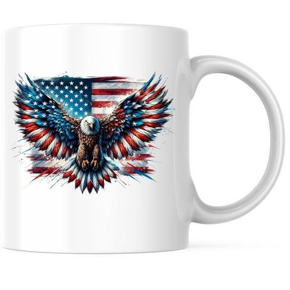 Bliss Monkey Co. Bald Eagle American Flag USA Coffee Mug - Patriotic US Flag Mug - 11 Ounce Coffee Mug - Design Printed On Both Sides - Glossy Ceramic - Microwave & Dishwasher Safe - BMCM01372
