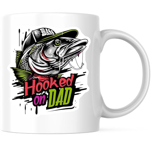 Bliss Monkey Co. Bass Fishing Coffee Mug - Hooked on Dad Funny Mug - Father's Day 11 Ounce Coffee Mug - Design Printed On Both Sides - High Quality Ceramic - BMCM3492