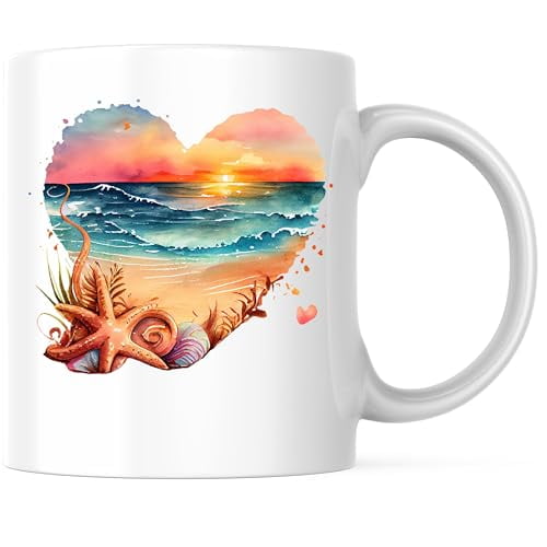 Bliss Monkey Co. Beach Sunset Coffee Mug - Ocean Wave Scene - Sea Star and Shells Illustration - 11 Ounce Ceramic Mug - Premium Ceramic - Design Printed On Both Sides - BMCM02854
