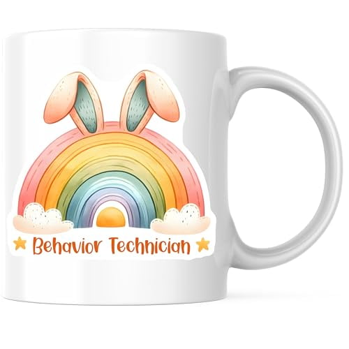 Bliss Monkey Co. Behavior Technician Coffee Mug - Rainbow Bunny Ears Mug - Appreciation Gift 11 Ounce Mug - Design Printed On Both Sides - High Quality Ceramic - BMCM3169