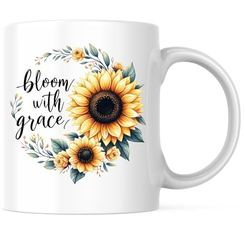 Bliss Monkey Co. Bloom With Grace Sunflower Coffee Mug - Inspirational Floral Coffee Mug - 11 Ounce Ceramic Cup - Premium Ceramic - Design Printed On Both Sides - BMCM02901