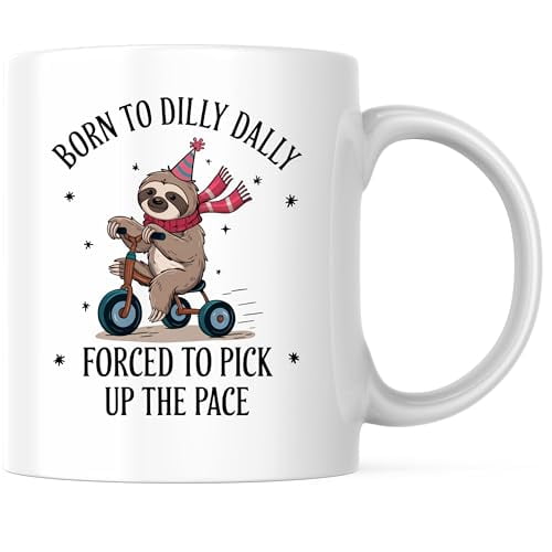 Bliss Monkey Co. Born to Dilly Dally Coffee Mug - Funny Sloth on Trike Mug - Humorous Slow Life 11 Ounce Coffee Mug - Premium Ceramic - Design Printed On Both Sides - BMCM02867