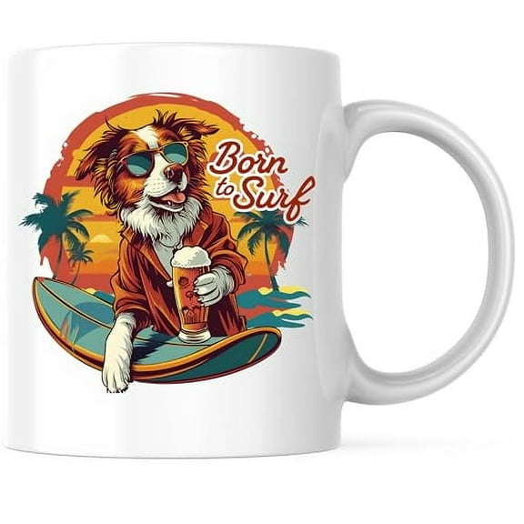 Bliss Monkey Co. Born To Surf Coffee Mug - Surfing Coffee Mug - Beach Bum - 11 Ounce Coffee Mug - Printed On Both Sides - Microwave & Dishwasher Safe - White Handle & Interior - BMCM00734