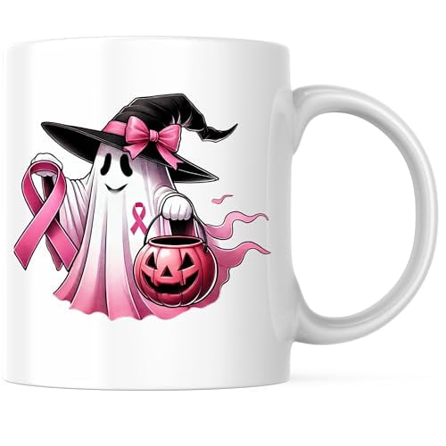Bliss Monkey Co. Breast Cancer Awareness Pink Halloween Coffee Mug - Ghost Wearing Pink Ribbon Coffee Mug - 5" On Longest Side - Premium Ceramic - Design Printed On Both Sides - BMCM02484