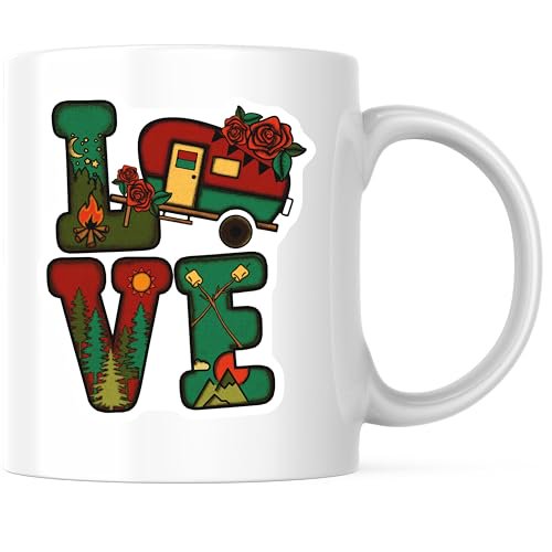 Bliss Monkey Co. Camper Love Coffee Mug - Retro Camping Mug - Camping Theme Mug - 11 Ounce Coffee Cup - Premium Ceramic - Design Printed On Both Sides - BMCM04177