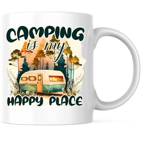 Bliss Monkey Co. Camping is My Happy Place Coffee Mug - Adventure Camper Mug - Outdoor Enthusiast 11 Ounce Coffee Cup - Premium Ceramic - Design Printed On Both Sides - BMCM02888