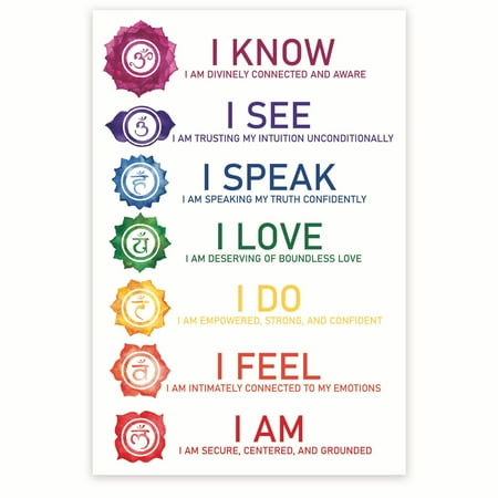 Bliss Monkey Co. Chakra Affirmations Poster - Chakra Diagram Poster - Chakra Alignment Chart Wall Art - 12 x 18 Inch Poster - Unframed - Premium 100lb Gloss - Made In USA - BMCP085