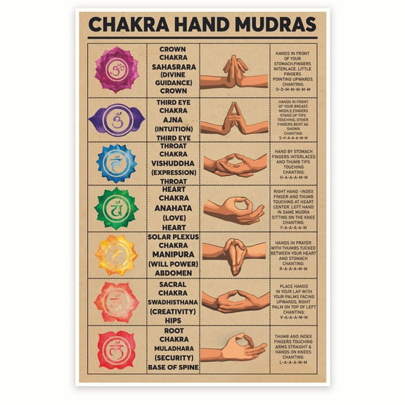 Bliss Monkey Co. Chakra Hand Mudras Poster - Chakra Energy System Poster - Positive Spiritual Feel Good Wall Art - 12 x 18 Inch Poster - Unframed - Premium 100lb Gloss - Made In USA - BMCP086