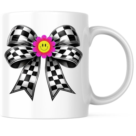 Bliss Monkey Co. Checkered Ribbon with Smiley Face Coffee Mug - Cool Retro Coffee Mug - 11 Ounce Coffee Mug - Microwave & Dishwasher Safe - White Handle & Interior - Printed On Both Sides - BMCM01098
