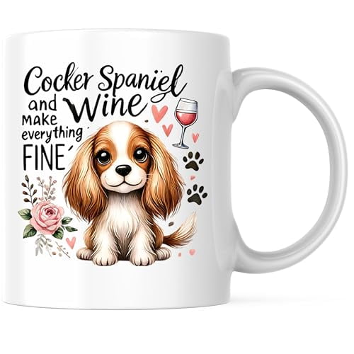 Bliss Monkey Co. Cocker Spaniel and Wine Make Everything Fine Coffee Mug - Cocker Spaniel Dog Breed Coffee Mug - 5" Longest Side - Premium Ceramic - Design Printed On Both Sides - BMCM02377
