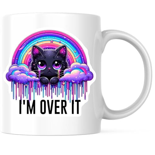 Bliss Monkey Co. Colorful Cat Coffee Mug - I'm Over It Design - Vibrant Rainbow Dripping Clouds 11 Ounce Coffee Mug - Premium Ceramic - Design Printed On Both Sides - BMCM04586