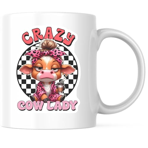 Bliss Monkey Co. Crazy Cow Lady Coffee Mug - Funny Cartoon Cow Design - 11 Ounce Coffee Mug for Animal Lovers - Premium Ceramic - Design Printed On Both Sides - BMCM03779