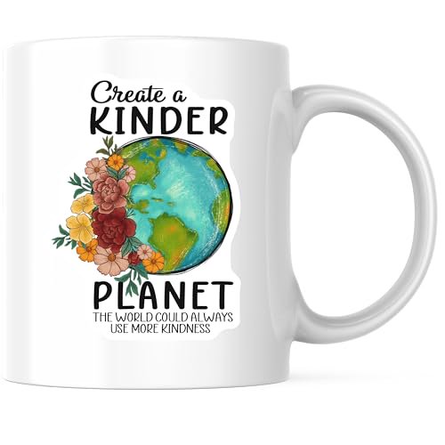 Bliss Monkey Co. Create a Kinder Planet Coffee Mug - Earth and Floral Design Coffee Mug - Motivational Quote 11 Ounce Coffee Mug - Premium Ceramic - Design Printed On Both Sides - BMCM04176