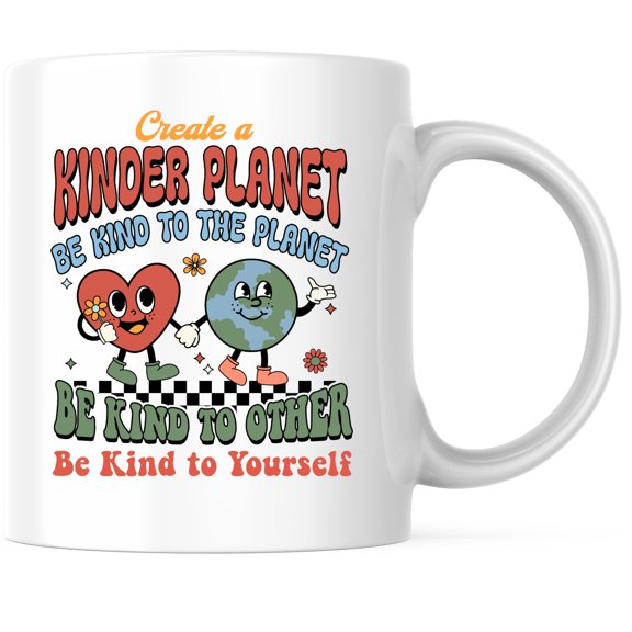 Bliss Monkey Co. Create a Kinder Planet Coffee Mug - Be Kind to the Planet 11 Ounce Mug - Inspirational Earth and Heart Design - Premium Ceramic - Design Printed On Both Sides - BMCM02989