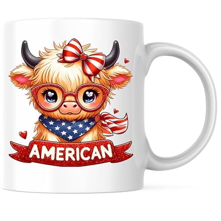 Bliss Monkey Co. Cute Highland Cow Mug - Adorable Patriotic Design - 11 Ounce Coffee Mug - Red White and Blue Theme - Premium Ceramic - Design Printed On Both Sides - BMCM02705