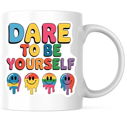 Bliss Monkey Co. Dare To Be Yourself Coffee Mug - Motivational Rainbow Smiley Mug - Colorful 11 Ounce Ceramic Cup - Premium Ceramic - Design Printed On Both Sides - BMCM03900