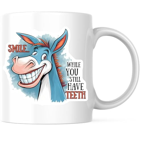 Bliss Monkey Co. Donkey Coffee Mug - Smile While You Still Have Teeth - Funny Animal Mug 11 Ounce - Design Printed On Both Sides - High Quality Ceramic - BMCM3327