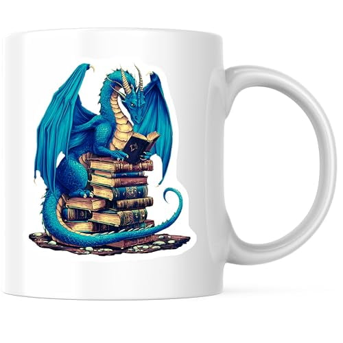Bliss Monkey Co. Dragon Coffee Mug - Reading Dragon On Books Mug - Fantasy Art 11 Ounce Coffee Mug - Design Printed On Both Sides - High Quality Ceramic - BMCM3367