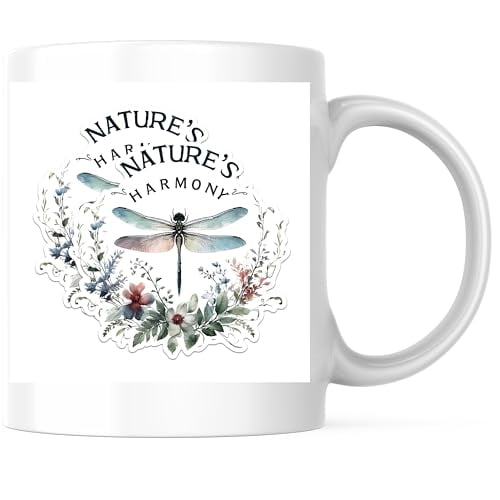 Bliss Monkey Co. Dragonfly Coffee Mug - Nature's Harmony Mug - Floral Dragonfly Design Cup - 11 Ounce Ceramic Coffee Mug - Premium Ceramic - Design Printed On Both Sides - BMCM02680