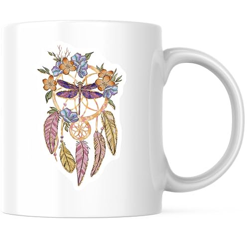 Bliss Monkey Co. Dragonfly Dreamcatcher Coffee Mug - Vibrant Floral Design Mug - 11 Ounce Ceramic Cup - Premium Ceramic - Design Printed On Both Sides - BMCM04189