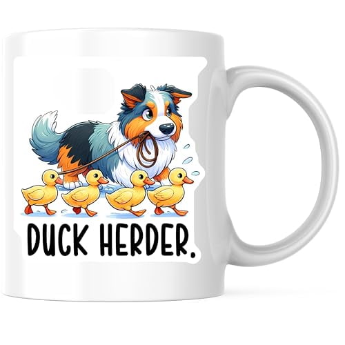 Bliss Monkey Co. Duck Herder Australian Shepherd Coffee Mug - Cute Dog and Ducks Design - 11 Ounce Ceramic Coffee Cup - Premium Ceramic - Design Printed On Both Sides - BMCM03620
