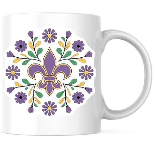 Bliss Monkey Co. Elegant Floral Design - Purple Fleur-de-Lis Coffee Mug - 11 Ounce Ceramic Cup - Premium Ceramic - Design Printed On Both Sides - BMCM03906