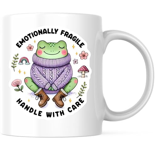 Bliss Monkey Co. Emotionally Fragile Frog Coffee Mug - Cute Whimsical Frog Design - 11 Ounce Ceramic Cup for Coffee, Tea, or Cocoa - Premium Ceramic - Design Printed On Both Sides - BMCM03719