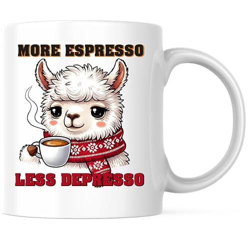 Bliss Monkey Co. More Espresso Less Depresso Coffee Mug - Cute Alpaca Coffee Cup - Funny Animal Lover 11 Ounce Coffee Mug - Premium Ceramic - Design Printed On Both Sides - BMCM02780