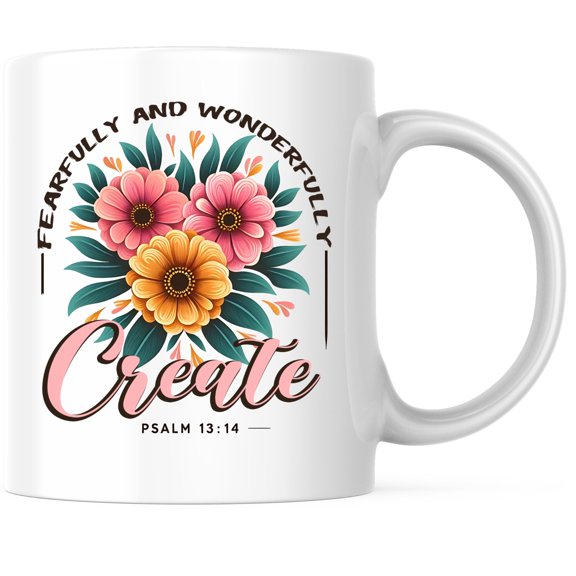 Bliss Monkey Co. Fearfully and Wonderfully Create Coffee Mug - Inspirational Floral Design Mug - Psalm 13:14 Coffee Cup - 11 Ounce Mug - Premium Ceramic - Design Printed On Both Sides - BMCM02826