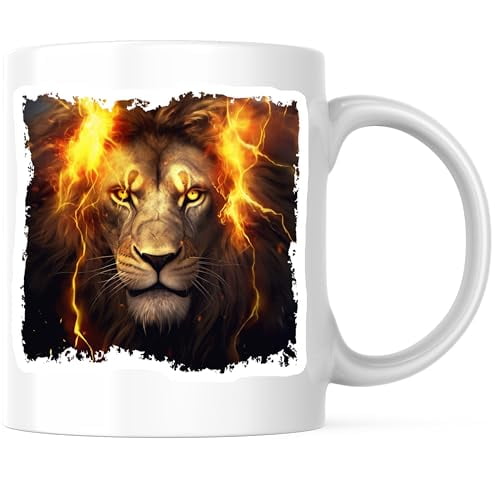 Bliss Monkey Co. Fiery Lion Coffee Mug - Lion Head with Flames - 11 Ounce Ceramic Cup - Premium Ceramic - Design Printed On Both Sides - BMCM04266