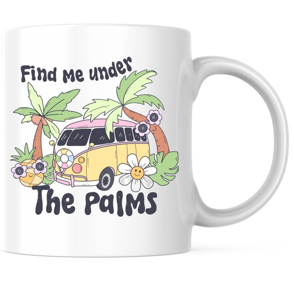 Bliss Monkey Co. Find Me Under the Palms Coffee Mug - Beach Bum Ocean Lover - 11 Ounce Coffee Mug - Microwave & Dishwasher Safe - White Handle & Interior - Printed On Both Sides - BMCM01109