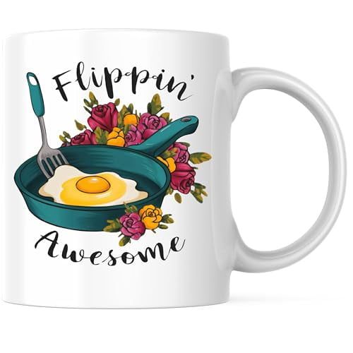 Bliss Monkey Co. Flippin Awesome Pan Coffee Mug - Funny Breakfast Design - Floral Egg 11 Ounce Coffee Mug - Premium Ceramic - Design Printed On Both Sides - BMCM02916