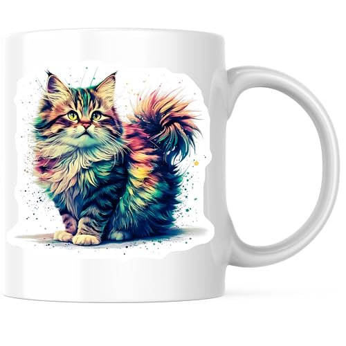 Bliss Monkey Co. Fluffy Cat Coffee Mug - Abstract Cat Art Mug - Colorful Feline 11 Ounce Coffee Mug - Design Printed On Both Sides - High Quality Ceramic - BMCM3380